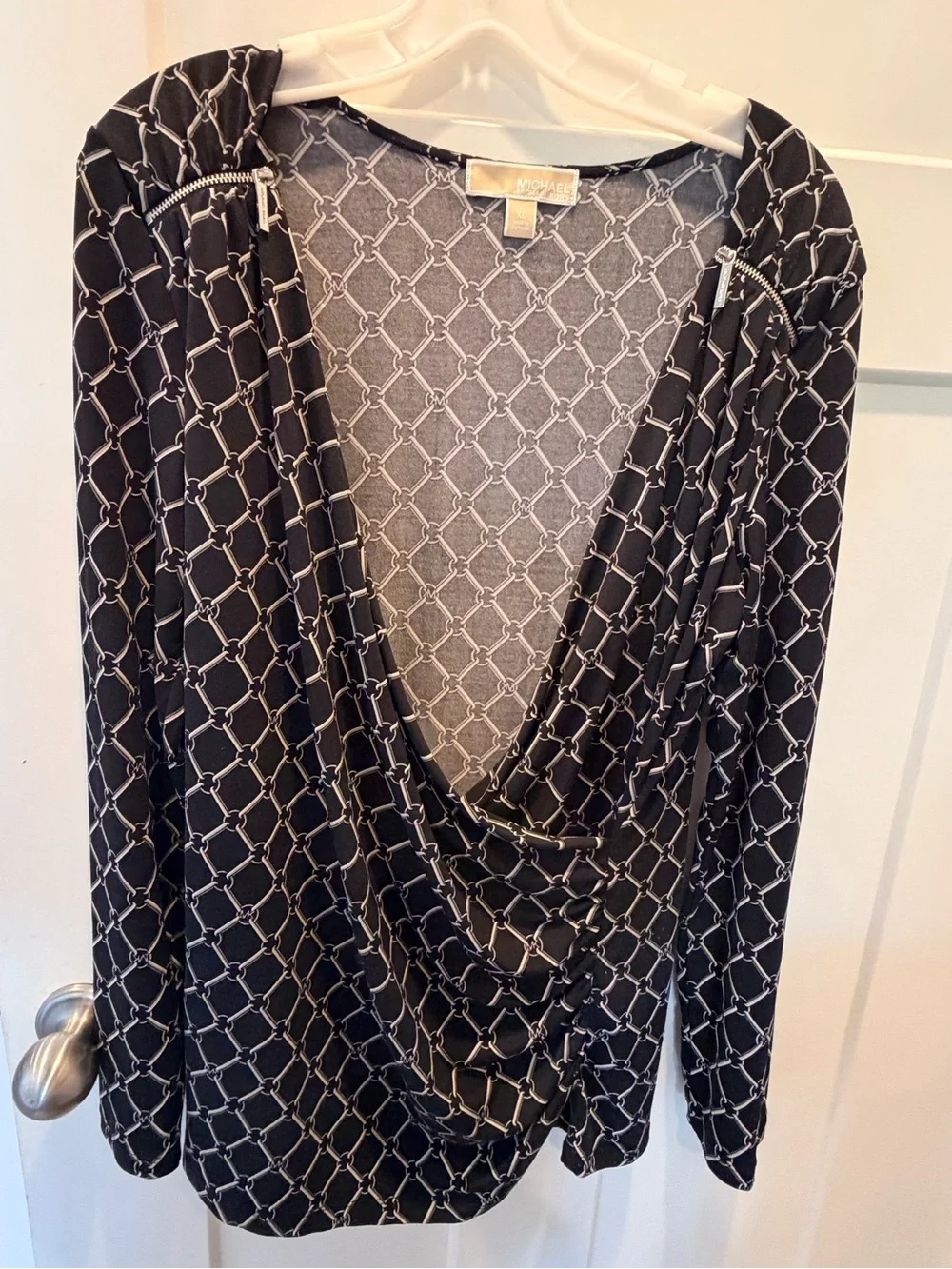 Michael Kors XL Chain Print Cowl Neck Top Black Gray Zip Shoulder Blouse